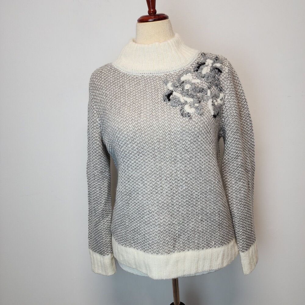 Appleseeds Womens Pullover Sweater Size L Gray Wool Mohair Floral Applique Knit